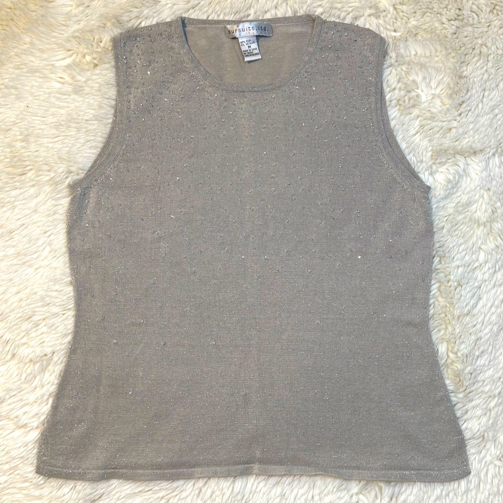Pursuits Ltd. Grey/Beige Silk Metallic Sparkly Beaded Sleeveless Top